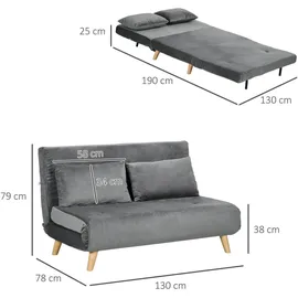 Homcom Schlafsofa 2-Sitzer Sofa mit Bettfunktion, Klappsofa mit Kissen, Grau,