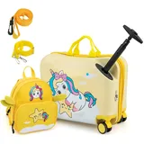 DREAMADE Kinderkoffer zum Draufsitzen, 2 TLG. Kinderkoffer mit Rucksack 18”+12”, Kindergepäck Trolley zum Reisen, Reisetrolley Kinder Trolley Set (Gelb-Einhorn)