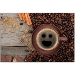 Wallario Sichtschutzzaunmatten Lustige Kaffeetasse mit einem Lächeln – Kaffeebohnen und Zimt rot 100 cm x 150 cm