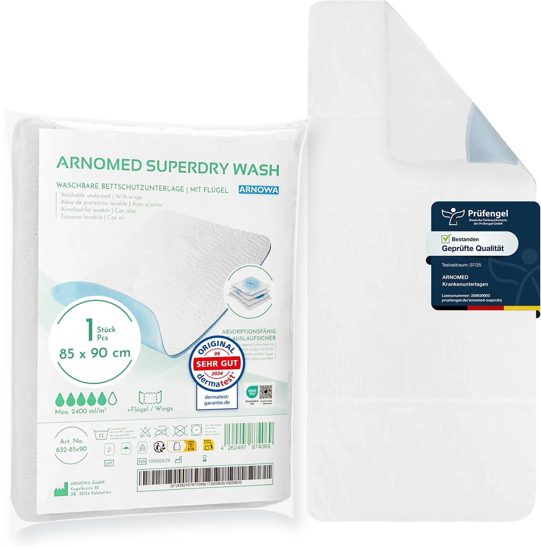 ARNOMED SUPERDRY WASH Waschbare Bettschutzunterlage mit Flügeln, 85 x 90 cm, 1 Stück 1 Stück