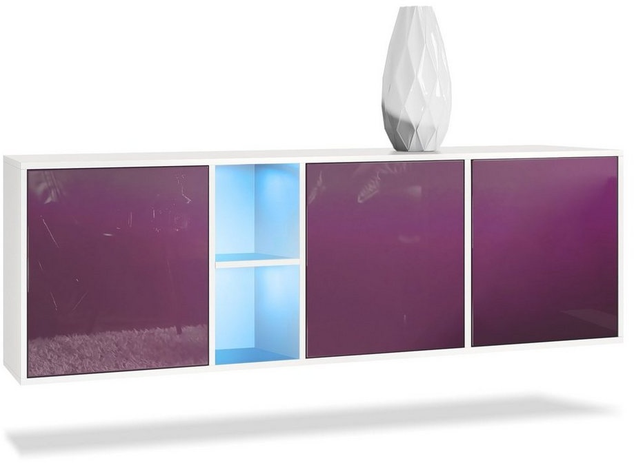 Vladon Sideboard Cuba (Kommode, mit 3 Türen und 2 offene Fächer), Weiß matt/Brombeer Hochglanz inkl. LED-Beleuchtung (182 x 53 x 35 cm) lila