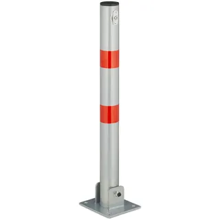 Relaxdays Absperrpfosten, klappbar, Stahl, Sperrpfosten Parkplatz, HxBxT: 65 x 15 x 13 cm, Signalstreifen, silber/rot