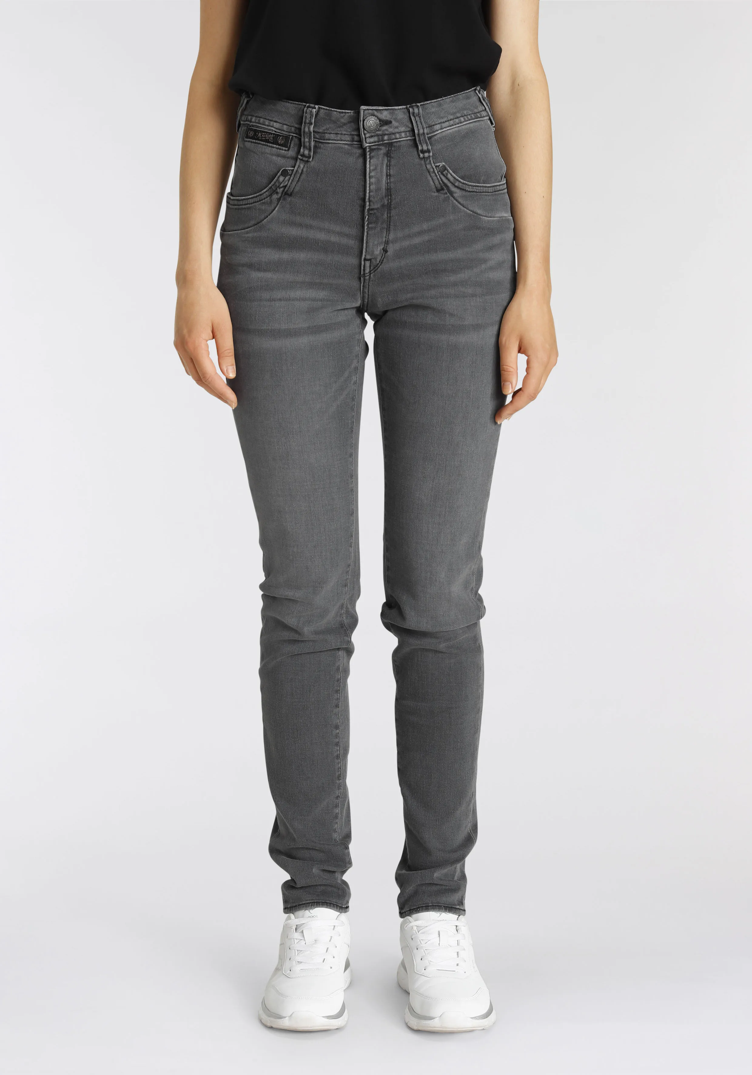 High-waist-Jeans HERRLICHER "PIPER HI SLIM ORGANIC DENIM CASHMERE TOUCH" Gr. 26, Länge 30, grau (o x y) Damen Jeans Röhrenjeans umweltfreundlich dank Kitotex Technologie