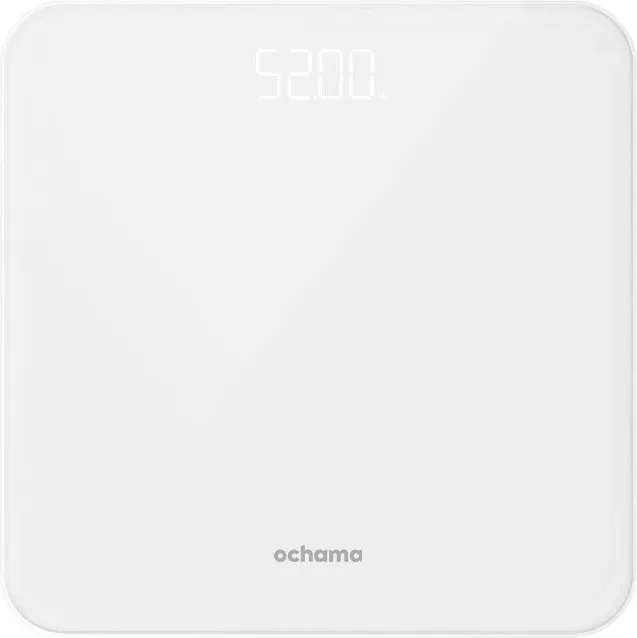 ochama Personenwaage, Digitalwaage – Intelligente Waage für Körpergewicht, hochpräzis, aus gehärtetem Glas, kontrastreiches LED-Display, 2* AAA-Batterien im Lieferumfang enthalten – Für Haushalt, Badezimmer – 260*260*24 mm, Messbereich 5–180 kg