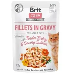 BRIT CARE Cat Pouches Fillets in Bratensoße mit zartem Putenfleisch & würzigem Lachs 85g