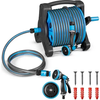 Juskys Schlauchtrommel Basic 30 m Wasserschlauch und Multifunktionsbrause - Blau Grau