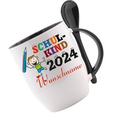 Tasse m. Löffel - Schulkind 2024 (Wunschname) - Löffeltasse, Kaffeetasse m. Name, Bürotasse, bedruckte Tasse mit Sprüchen oder Bildern, Tasse personalisiert mit Namen