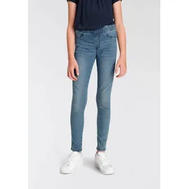 Kidsworld Jeansjeggings "Stetch-Jeans mit schmalem Bein", Mädchen, Gr. 110, N-Gr, blau (blau denim), Denim/Jeans, Obermaterial: 74% Baumwolle, 24% Polyester, 2% Elasthan, eng lang, Jeans, schmale Beinform, mit Gummizug, lang, mit aufgesetzten Taschen