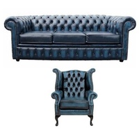JVmoebel Chesterfield-Sofa, Sofagarnitur Chesterfield Polster Couch Sofa Leder Sitz Garnitur blau