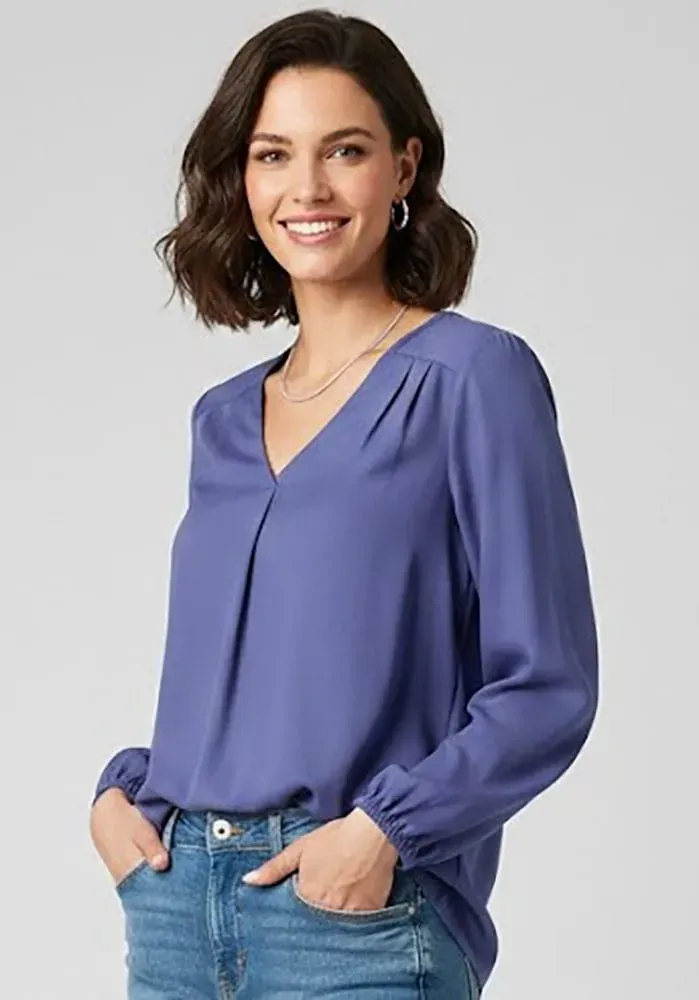 Schlupfbluse DELMAO, Damen, Gr. 40, blau, Web, Obermaterial: 100% Viskose, unifarben, figurumspielend, V-Ausschnitt, eingesetzt elastischer Bund mit Gummizug, Blusen Schlupfbluse, femininer Stil, Langarm, aus Viskose, mit V-Ausschnitt