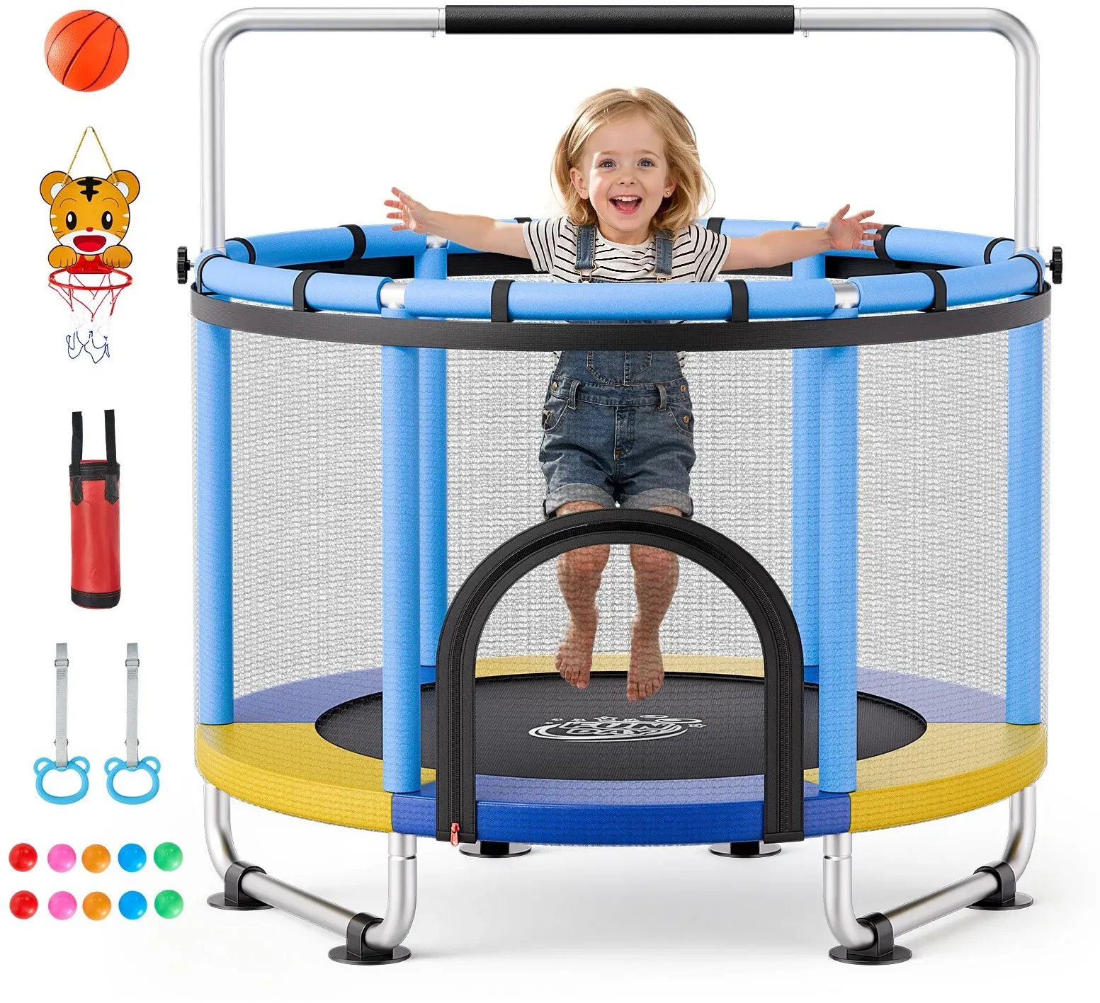 VEVOR Trampolin Mini für Kinder mit Haltestange Sicherheitsnetz Blau, Gartentrampolin 150 cm Outdoor mit Basketballkorb, Basketball und Sandsack für Kinder, Weihnachts- oder Geburtstagsgeschenk
