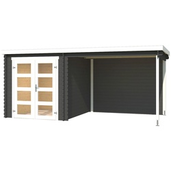 Gartenhaus LASITA MAJA „Long Beach“ Gartenhäuser Gr. ohne Fußboden, Rückwand, Dachpappe, grau (carbongrau) Gartenhäuser aus Holz Blochbohlenhaus 28mm Anbau, Fundamentmass 4722×2300, Carbongrau