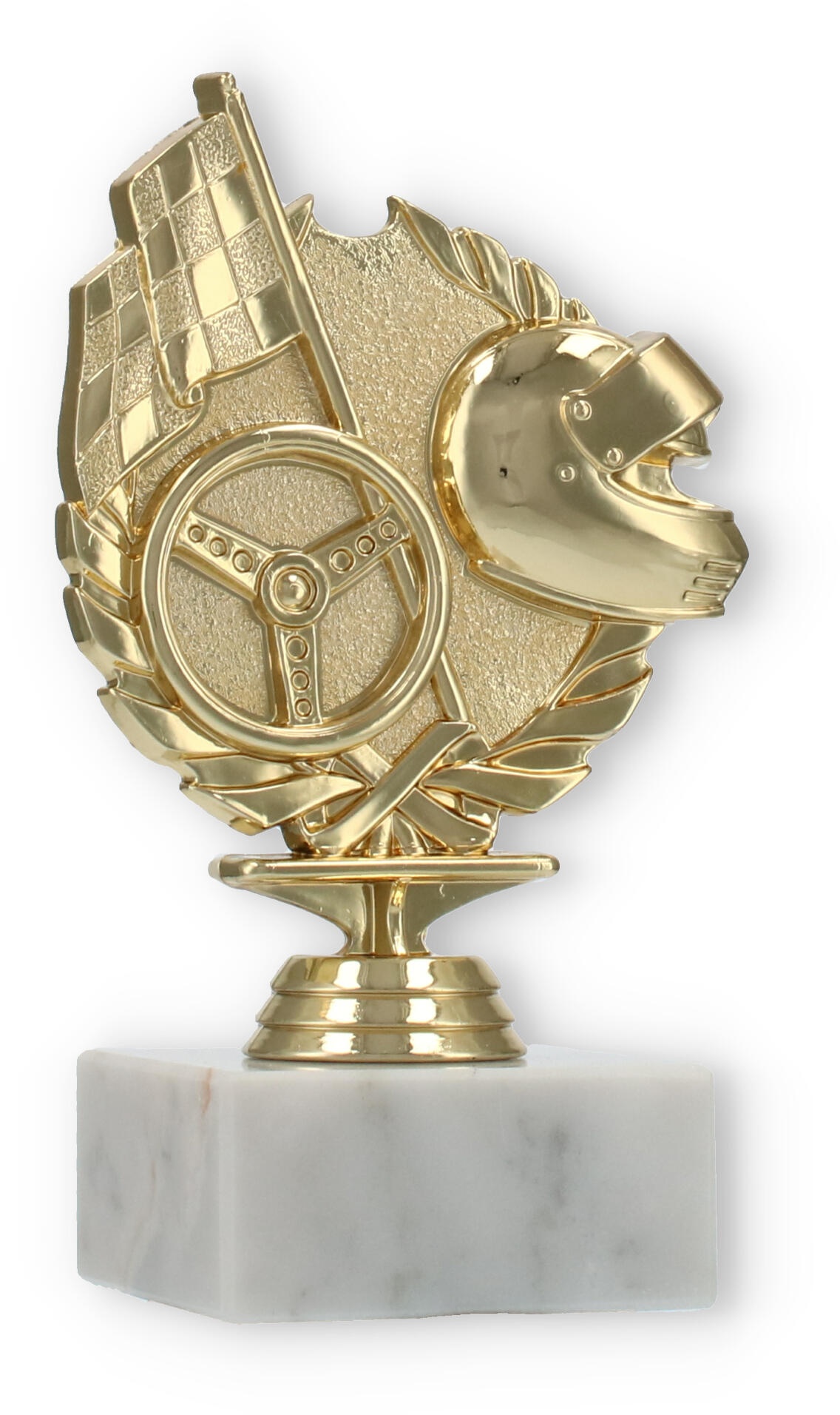 Pokal Kunststofffigur Rennsport gold auf weißem Marmorsockel 15,5cm