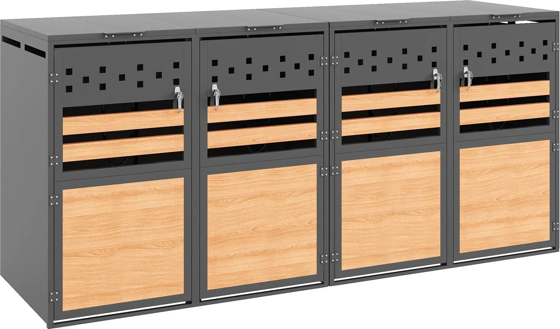 Mülltonnenbox mit hydraulischem Klappdeckel, vier abschließbare Fächer, rautenförmige Belüftung, 264x80x120 cm, Grau+Naturfarbe