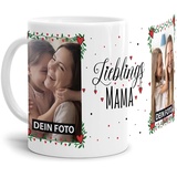 Tasse - Lieblings-Mama - zum selbst Gestalten mit zwei Fotos - personalisierbare Fototasse für Mama aus Keramik, Weiß, 300 ml