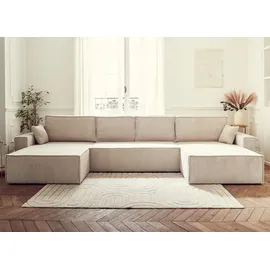 best mobilier Dellia Wohnlandschaft u-form 7-sitzer mit schlaffunktion mit bettkasten aus Cord Beige
