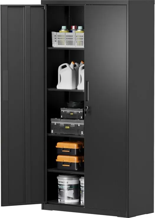 Ochama x SONGMICS Aktenschrank, Mehrzweckschrank, Aufbewahrungsschrank, 5 Ebenen, Doppeltüren, Schloss, verstellbare Ablagen, schwarz