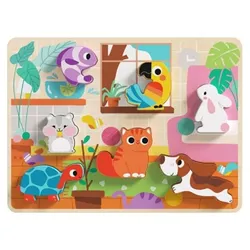 Tooky Toy 3D Kinder Holz-Puzzle Tiere, 8-teiliges Steckpuzzle, ab 12 Monaten hellbraun