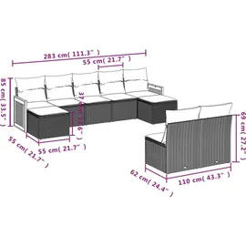 vidaXL 9-teiliges Gartensofa-Set mit Kissen, grau, Polyrattan - Grau
