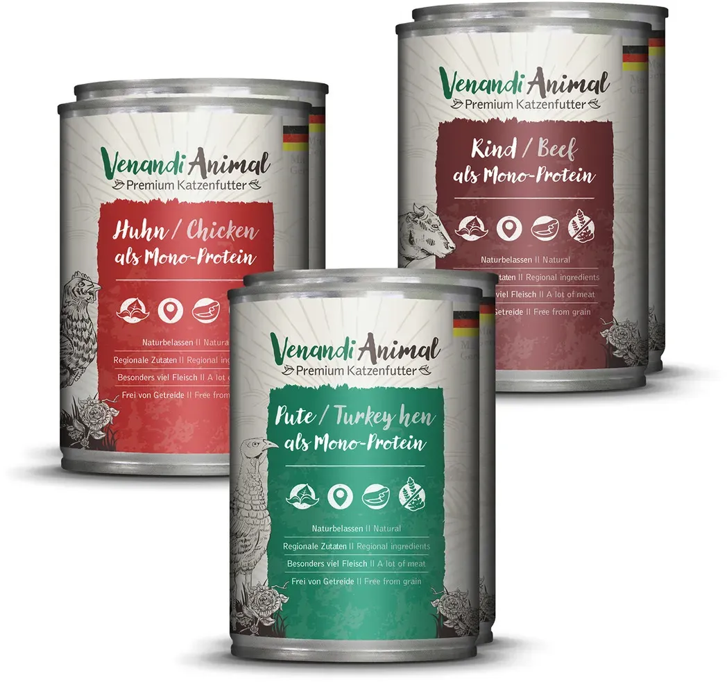 Venandi Animal 6x400g Mix-Paket Katzennassfutter Huhn/Pute/Rind