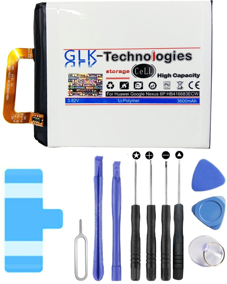 GLK-Technologies High Power Ersatz Akku für Google Nexus 6P A1 A2 Huawei Angler H1511 H1512 inkl. Werkzeug Set Kit NEU Smartphone-Akku 3600 mAh (3,8 V)