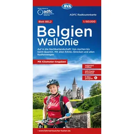 Bva Bikemedia ADFC-Radtourenkarte BEL 2 Belgien Wallonie 1:150.000, reiß- und wetterfest, E-Bike geeignet, GPS-Tracks Download, mit Kilometer-Angaben