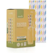 Sovie Trinkhalm in Pastell gestreift Rosa Gelb Blau aus Papier, Ø 8 mm / 20 cm, 150 Stück