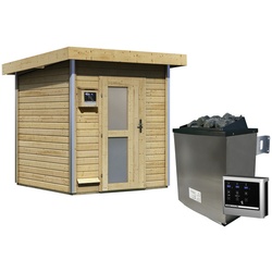 KARIBU Saunahaus »Doblen«, BxTxH: 196 x 196 x 228 cm, 9 kW Ofen mit ext. Steuerung - beige