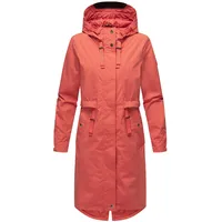 Navahoo Damen, Leichter Übergangsmantel Kurzmantel lang mit Verstellbarer Kapuze Silberperlee Coral Red Gr. XL - XL