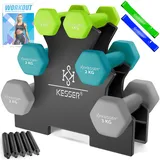 Kesser KESSER® Hantel-Set, 3 Paar, 1kg - 5kg, 12kg oder 18kg kurzhanteln mit Ständer Aufbewahrung, Fitnessstudio, Krafttraining, Hantelset rutschfeste Neopren, Mit Übungsheft, 2x Fitnessbänder