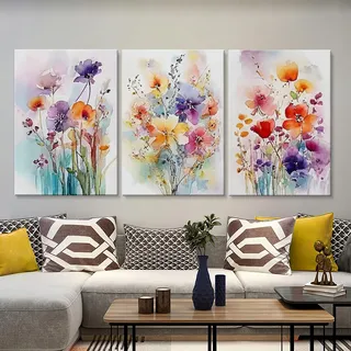 Viusneun 3er Premium Poster Set, Bunt Blumen Wandbilder Aquarell Floral Leinwandbilder Moderne Aesthetic Leinwand Bilder Ohne Rahmen Kunstposter für Wohnzimmer Deko (50 x 70 cm)