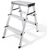 Refined Living Trittleiter Aluminium Stehleiter mit 3 rutschfesten Stufen, Trittleiter Klappbar (Leichte Mehrzweckleiter, Rostfeste rutschfeste Aluleiter klappbar, Haushaltsleiter Multifunktionale Tritthocker  Belastbar bis 150 kg), Sicherheitsleiter Stufen Leiter für Küche & Büro, Bibliothek, Garten silberfarben