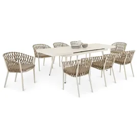 Idimex Gartenmöbel Set SUNNY mit ausziehbarem Esstisch und 8 Stühlen, Esstisch Gestell aus Alu in weiß, Seilbespannung der Stühle in beige, Essgruppe ... - Weiß