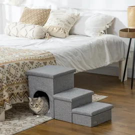 PawHut Hundetreppe 3 Stufige mit Höhle 3-in-1 Tiertreppe Hellgrau