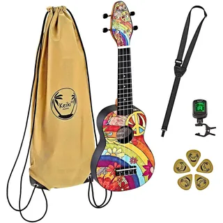 Ortega Guitars Sopran Ukulele Akustisch – Keiki K2 Series – Inklusive Zubehör – Agathis, ABS, Peace ‘68