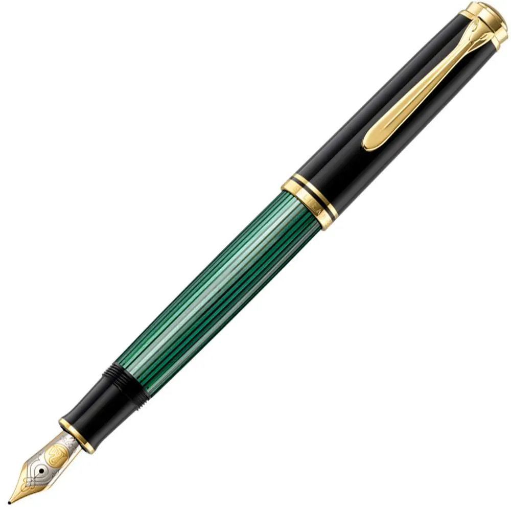 Pelikan Füller Souverän mit Gratis Gravur (M, Schwarz-grün) | Aus Edelharz - Kolbenfüller - Goldfeder - Klassisches Design | SKU: 995712 | Bürobedarf