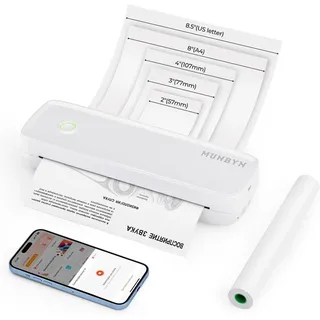 MUNBYN Mobiler Drucker Bluetooth Thermodrucker A4 203DPI Inkless Printer Kompatibel mit Android & iOS für Handy & Laptop, Unterstützt 210x297mm A4 Thermopapier, Tragbarer Drucker, ITP04, Weiß