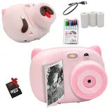 Fine Life Pro Sofortbildkamera Kinder DigitalKamera 1080P Videokamera Kinderkamera Kinderkamera (inkl. inkl. Kinder Kamera Drucken Schwarzweiß Foto mit Pinselstift, Kinder Digitalkamera mit 32GB SD-Karte, Geschenk für Kinder) rosa