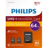 Philips microSDXC R80/W30 microSDXC 64GB Kit, UHS-I U1, A1, Class 10, 2er-Pack (FM64MP45D)