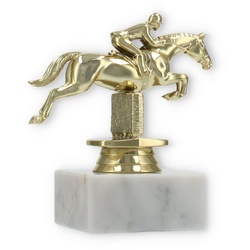 Pokal Kunststofffigur Springreiten gold auf weißem Marmorsockel 11,8cm
