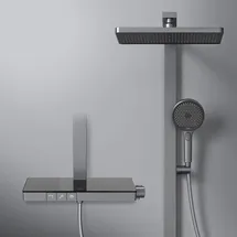 EMKE Duschsystem mit Thermostat Duschset mit 40cm Thermostatische Platte, Brausestange, Handbrause mit 4 Strahlstärken,Regendusche mit Armatur, Anthrazit Matt