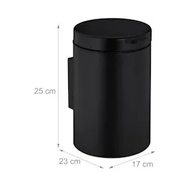 Relaxdays Kosmetikeimer Wandmontage, 3 l, Absenkautomatik, Inneneimer, Edelstahl, runder Badezimmer Mülleimer, schwarz