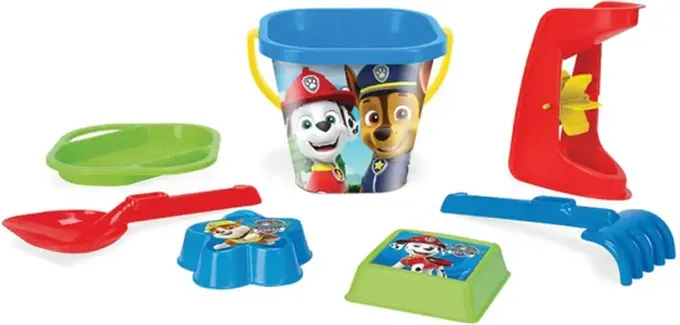 Wader 81142 - Paw Patrol Eimerset mit Eimer, Sieb, Sandmühle, Schaufel, Rechen und 2 Sandformen, 7 Teile, ab 12 Monaten, ideal als Geschenk für kreatives Spiel