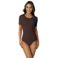 Alkato Body Damen Kurzarm aus Baumwolle – Bequemer Damen Body mit Rundhalsausschnitt und Druckknopfverschluss, Farbe: Braun, L (Long 170-176 cm) - L (Long 170-176 cm)