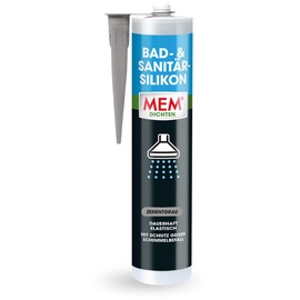 mem Bad- & Sanitär-Silikon, Dauerhaft elastischer Silikon-Dichtstoff mit Schutz gegen Schimmelbefall, Im Innen- und Außenbereich, Gebrauchsfertig, Lösemittelfrei, 300 ml Kartusche, Zementgrau