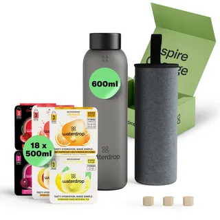 waterdrop® Flasche aus Glas 600ml inkl. 18 zuckerfreie Drops - Geschenk für Frauen - Probierpaket mit Wasserflasche, Flavor Drops & Vitaminen - auslaufsichere Trinkflasche & Kohlensäure geeignet