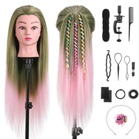 Frisurenkopf, TopDirect 75cm/29.5 Zoll 100% Synthetisches Haar Trainingsköpfe für Friseure, Übungskopf Friseur Puppe Mannequin Kopf mit Tischhalter + DIY Haare Frisuren Set, Grasgrün + Rosa