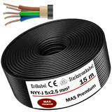 MAS Premium Von 5m bis 100m Erdkabel Starkstromkabel NYY-J 5x2,5 mm2 Elektrokabel zur Verlegung im Freien, Erdreich (15m)