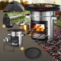 BBQ#BOSS Raketenofen mit Grillpfanne, Tragetasche, Silber, Edelstahl, + Gusseisen Grillplatte, Campingkocher Holz mit Brennholzständer, Doppeltür, Camping BBQ Holzofen, Outdoor, Dutch Oven Raketenherd