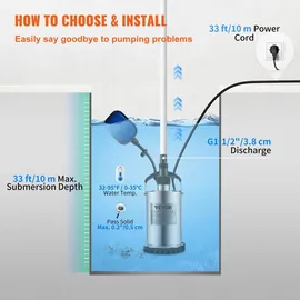 Vevor Schmutzwasserpumpe 550W Tauchpumpe 230V Durchfluss 9500L/h